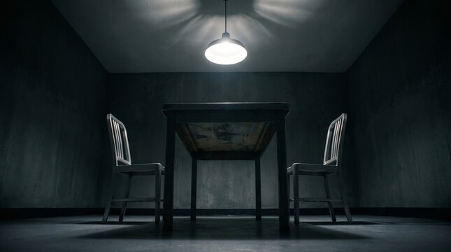 Dark interrogation room, low angle of table under spotlight