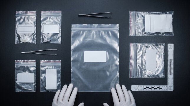 Top view of evidence bags, tweezers and gloves on black desk