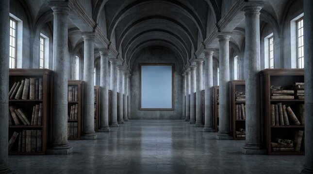 Historic archive hall with blank frame, cold morning light