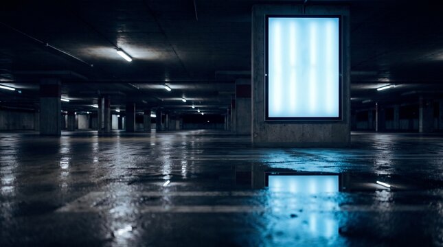 Glowing blank billboard with puddle reflection in car park