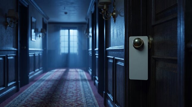 Blank door hanger mockup in dark hotel corridor at night