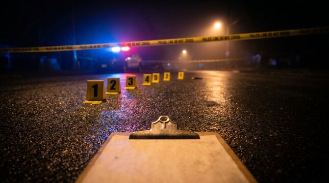 Blank clipboard on wet asphalt at police crime scene at night