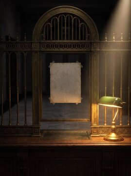 Aged blank paper on bank counter grille under light beam