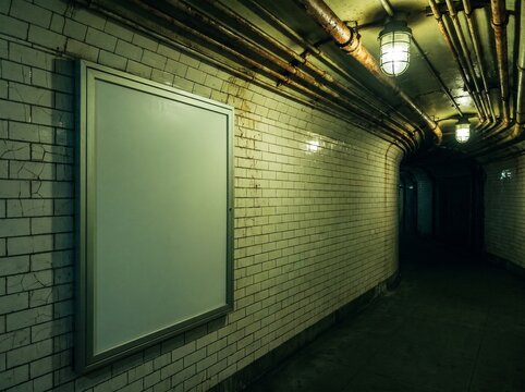 Empty advertising frame in grungy underground passage