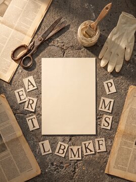 Anonymous letter making scene on concrete floor, flat lay