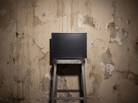 Empty message board on metal stool by peeling grunge wall