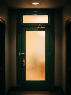 Vintage green office door with glowing frosted glass panel