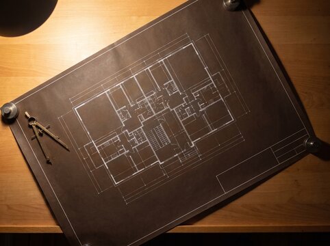 Old faded building plan on aged paper under warm lamp