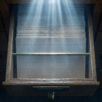 Library catalog drawer with light rays and dust, blank card