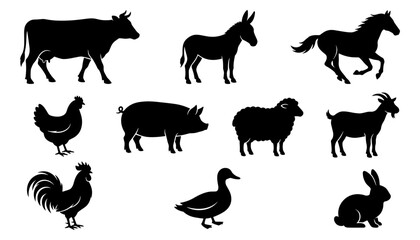 Fototapeta premium Animals Silhouette Set with Farm Birds, Horses, and Livestock Icons in Bold Black Vector Style for Decor