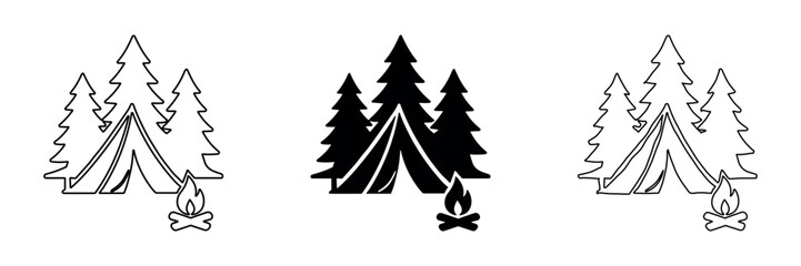 Obraz premium Camping icons with tent, trees, and campfire in outline and silhouette styles