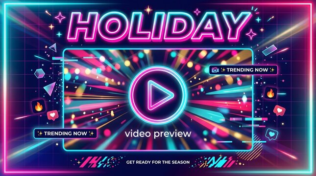 Neon holiday video preview screen with vibrant retro synthwave style digital background.