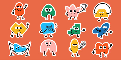 Obraz premium Cute geometric shape characters in school and sport activities vector sticker set