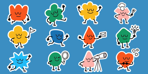 Obraz premium Cute geometric shape characters in fun poses vector sticker set