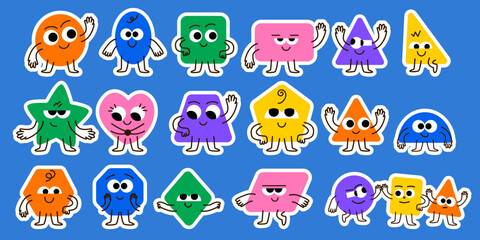 Fototapeta premium Colorful geometric shape mascot characters with different emotions vector sticker set