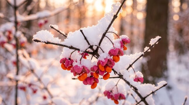 Red berries on a branch with snow during sunset, Euonymus europaeus.