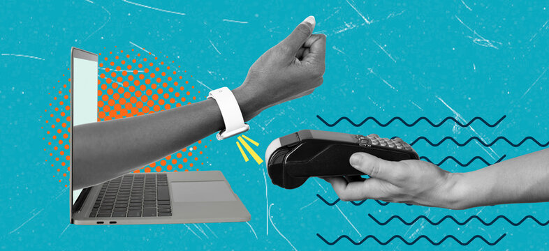 Digital payment trends show a hand using a smartwatch to pay while another hand holds a card reader at a counter