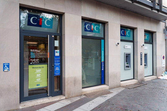 STRASBOURG, FRANCE - JULY 1, 2026 : CIC Bank Storefront With Multiple ATMs And Modern Glass Entrance On Urban French Street