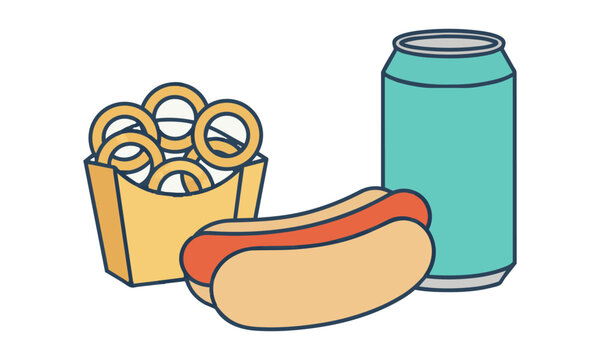 Stylized hot dog with onion rings and a soda can in a minimalist flat design layout isolated on a white background, fast food menu concept