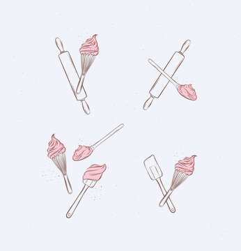 Bakery utensils illustration labels whisk, silicone spatula, pastry spoon, rolling pin drawing in graphic style on light background