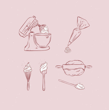 Bakery tools illustration labels mixer, pastry bag, whisk, silicone spatula, pastry spoon, dough, rolling pin drawing in graphic style on pink background