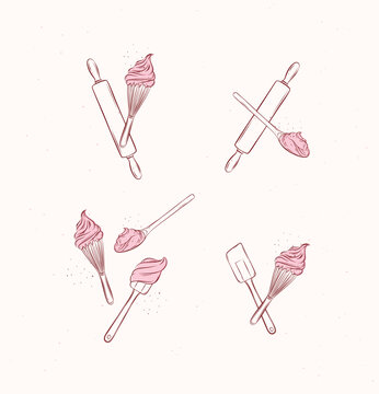 Bakery utensils illustration labels whisk, silicone spatula, pastry spoon, rolling pin drawing in graphic style on beige background