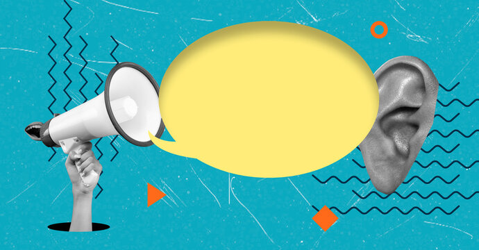 Art collage showing a megaphone and an ear with a speech bubble on a bright background