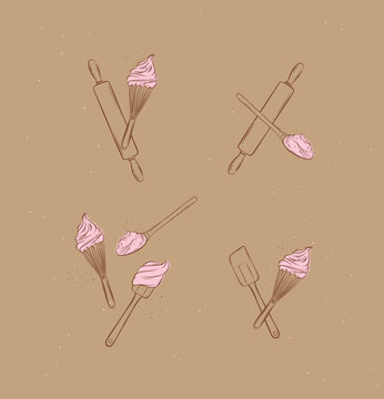 Bakery utensils illustration labels whisk, silicone spatula, pastry spoon, rolling pin drawing in graphic style on brown background