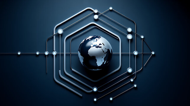 3 d globe centered in a series of interconnected hexagons and lines on a dark blue background, 3d globe