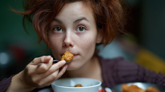 Jeune femme aux cheveux roux mangeant une boulette avec une cuill&egrave;re