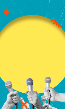 Art collage featuring microphones with hands holding them on a bright background