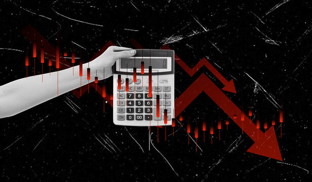 Art collage featuring a hand holding a calculator with downward trend lines and red elements on a black background