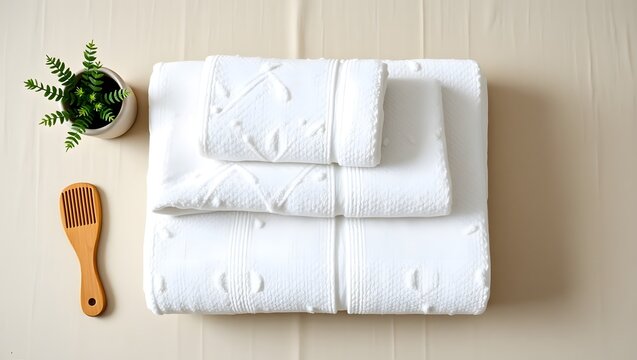 Stack of white terry towels with wooden comb and plant on beige background