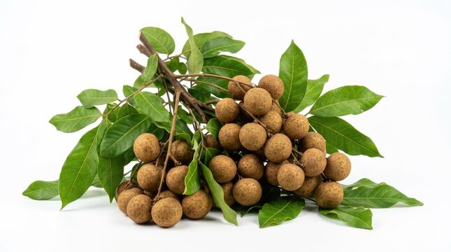 A bunch of langsat fruits rests on a white surface.