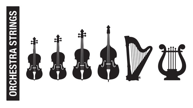 Black silhouette orchestra string instruments icons set with harp and violins on white background