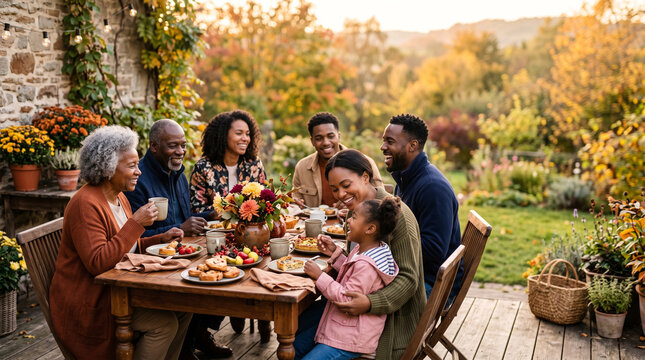 Multigenerational black family enjoying an outdoor brunch on a terrace during the transition from summer to autumn, COPY SPACE, soft golden sunlight, light jackets and seasonal flowers