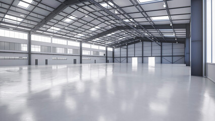 Large modern warehouse interior with polished concrete floor and expansive industrial space © Alexuans