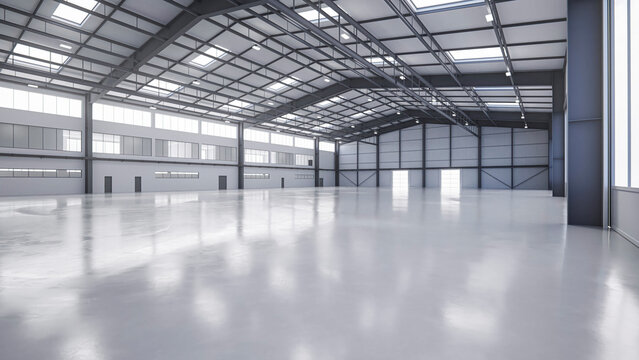 Large modern warehouse interior with polished concrete floor and expansive industrial space