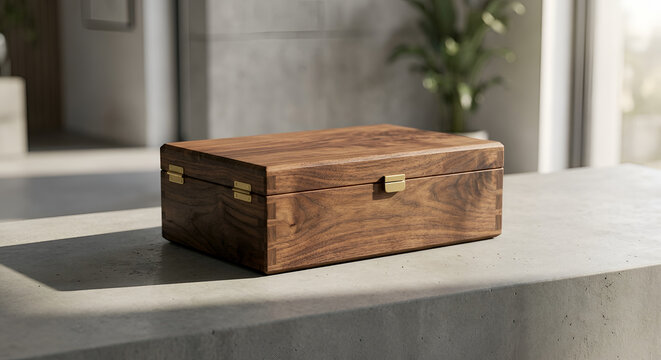 Minimalist handcrafted wooden box with brass hinges on concrete desk