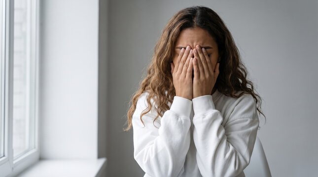 Young woman covering face with hands in emotional moment by window, indoor natural light conveying sadness and introspection