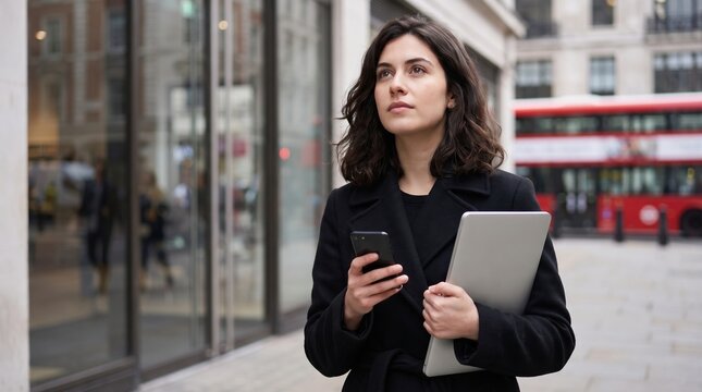 Young woman holding laptop and mobile phone while walking on city street, thoughtful expression and urban commute scene with double decker bus in background