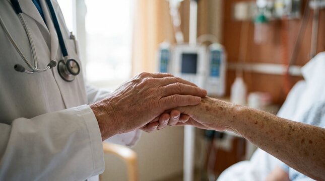 Elderly patient hand held by caring medical professional in hospital room conveying compassion and support