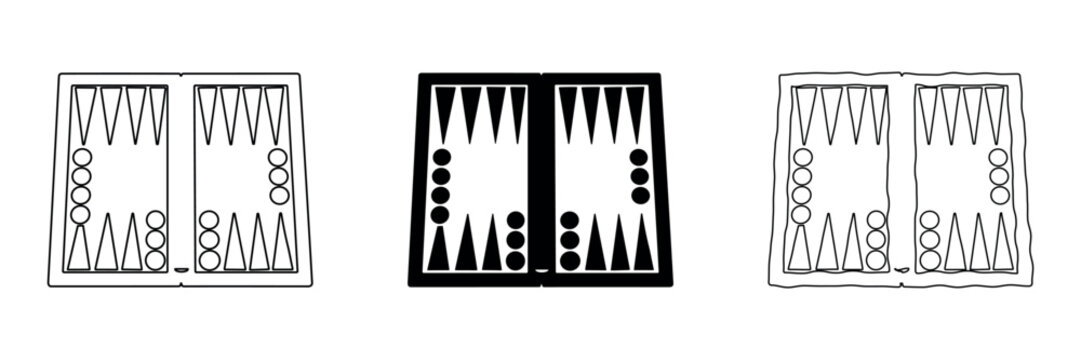 Three different styles of backgammon board illustrations with checkers