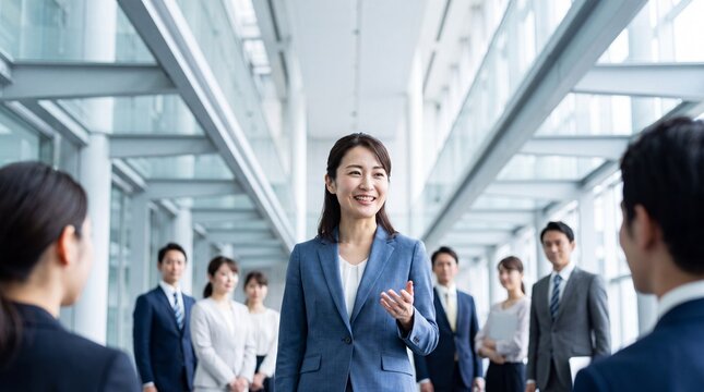 Woman leader speaking confidently to colleagues in modern office atrium, sharing insights and fostering teamwork with warm expressive smile