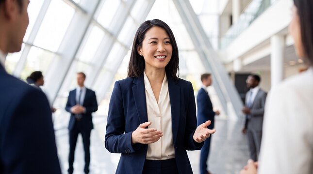 Conferring with colleagues in modern office atrium, professional woman speaking confidently and engaging while networking at business event