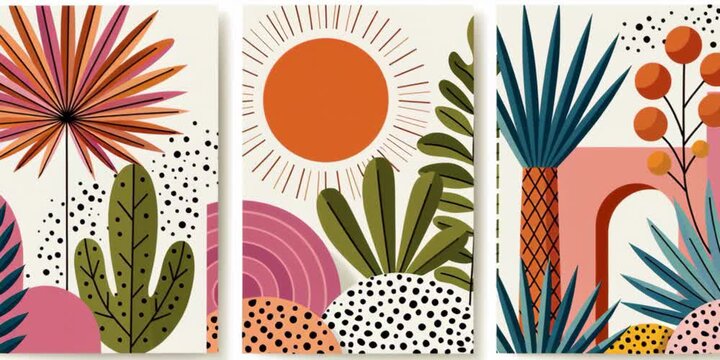 Summer vibes triptych design featuring colorful foliage, cactus, bright sunlight, abstract dots, and organic freeform shapes. Modern three-panel wall art with a cheerful tropical aesthetic for home de