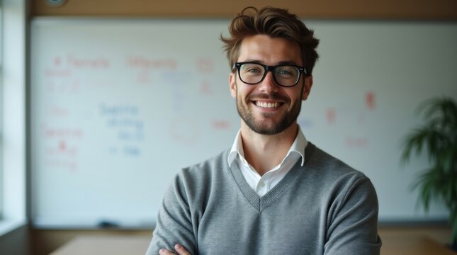 Profesor joven y atractivo que lleva un su&eacute;ter gris moderno y gafas