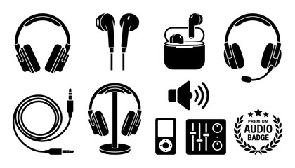 Headphones and Audio Equipment Icons Set with Microphones, Speakers, Controls, and Premium Audio Badge © Mst