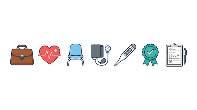 Set of colorful medical and healthcare icons featuring a briefcase heart rhythm chair blood pressure cuff digital thermometer badge with representing healthcare professional