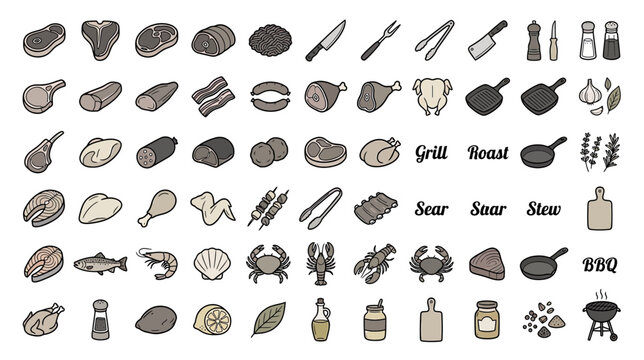 Hand-drawn Meat and Seafood Icons for BBQ and Grilling
